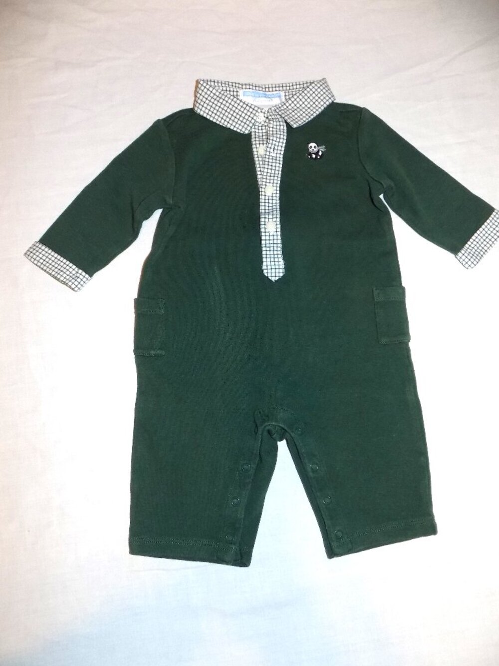 JANIE and JACK Green knit Romper w/ Plaid Trim Sz 0-3M Panda One-Piece